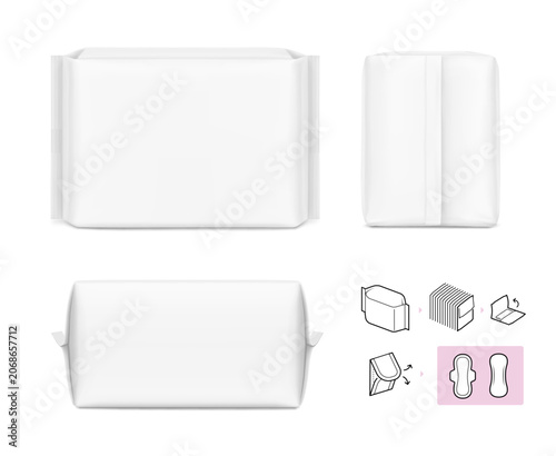 Packaging bag mockup with instructions set icons. 3d vector illustration isolated on white background. Ready for your design. Suite for the presentation of pads, diaper, wipes, etc. Scalable. EPS10. 