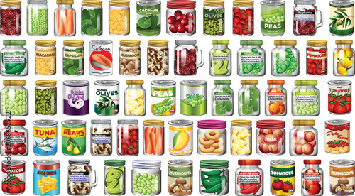 Canned goods and preserved food in glass jars.