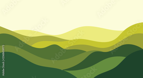 Minimalist green hills vector landscape illustration with smooth organic waves and simple cream sky