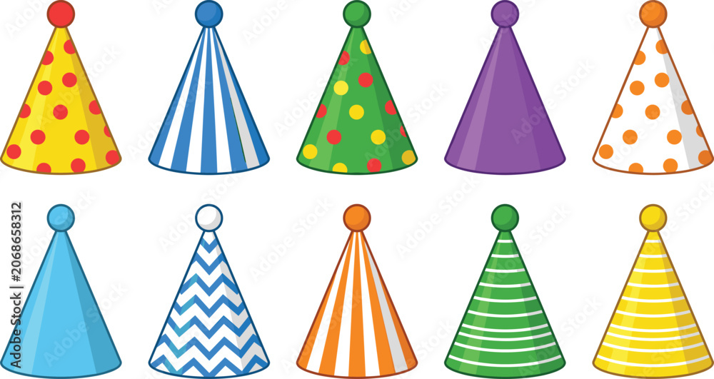 Obraz premium Vector illustration set of colorful patterned party hats with pom poms for birthday celebrations and festivals