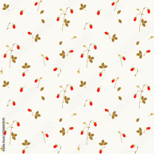 Wild strawberry seamless pattern vector background with delicate retro style botanical elements