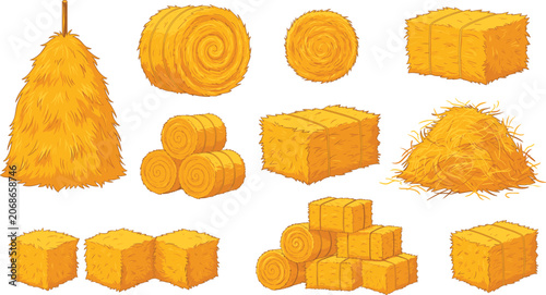 Slika na platnu Vector illustration set of haystacks, round hay bales, and straw blocks for agri