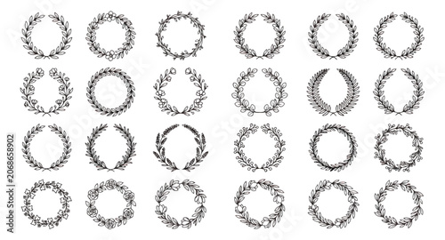 Vintage laurel wreath collection, 24 hand drawn botanical circular frames, black ink floral border set for wedding invitations and award certificates