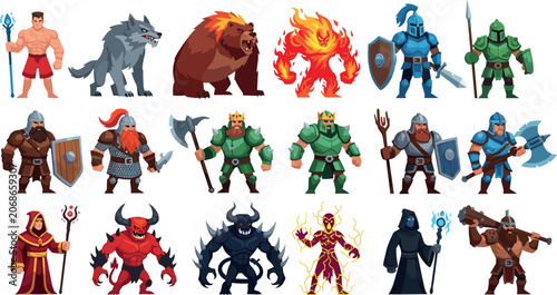 Cuadro en lienzo Large collection of fantasy RPG game characters including armored knights warriors mages fire elementals demons orcs and monsters for mobile game design and assets
