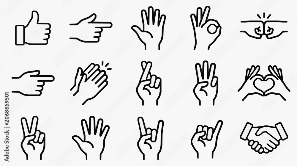 Fototapeta premium Sleek Black and White Hand Gesture Icons Collection for Modern Design Projects with high quality professional line art symbols for modern creative design and digital branding projects