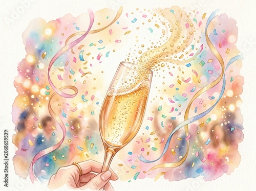 Watercolor illustration of a champagne glass filled with bubbles, surrounded by colorful confetti and swirling streamers. Ideal for celebration, party, or festive design projects.