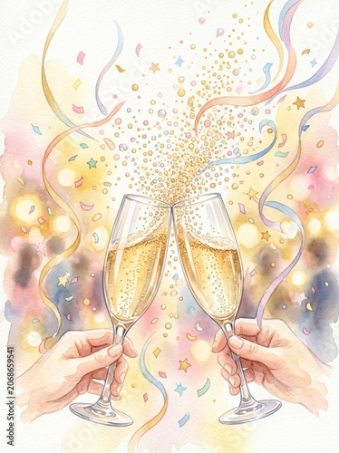 Watercolor illustration of a champagne glass filled with bubbles, surrounded by colorful confetti and swirling streamers. Ideal for celebration, party, or festive design projects.