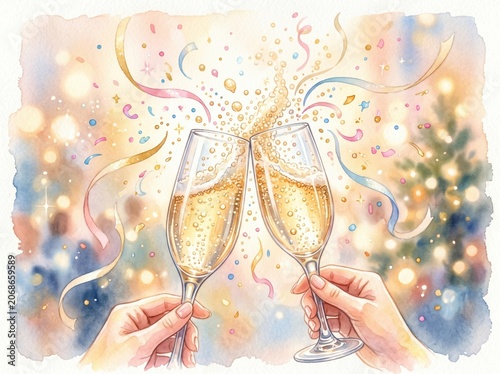 Watercolor illustration of a champagne glass filled with bubbles, surrounded by colorful confetti and swirling streamers. Ideal for celebration, party, or festive design projects.