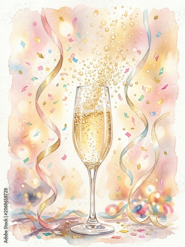 Watercolor illustration of a champagne glass filled with bubbles, surrounded by colorful confetti and swirling streamers. Ideal for celebration, party, or festive design projects.