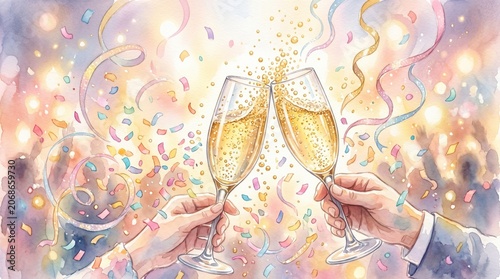 Watercolor illustration of a champagne glass filled with bubbles, surrounded by colorful confetti and swirling streamers. Ideal for celebration, party, or festive design projects.