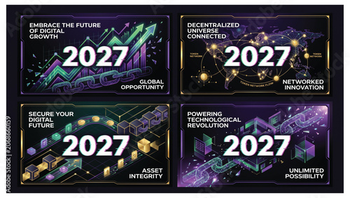 2027 digital growth and decentralized finance network banners set featuring isometric crypto concepts and global connectivity cryptocurrency decentralized blockchain technology business
