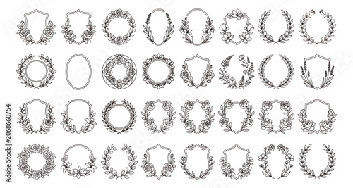 Vintage floral wreaths and laurel frames, set of 32 hand drawn botanical crests and borders, elegant black line art vector illustrations for wedding invitations