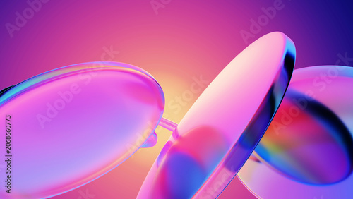 Fotografie Colorful transparent glass plates with dispersion effect on neon light backgroun