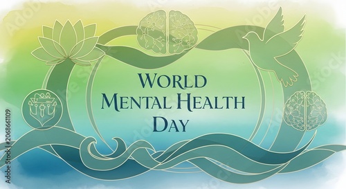 Mental health day with brain, lotus, and dove