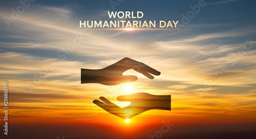 Humanitarian day text with silhouette of hands against sunset sky