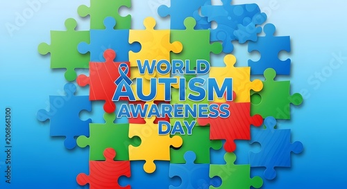 Autism awareness day text with colorful jigsaw puzzle pieces