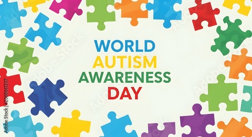 Autism awareness day text surrounded by colorful jigsaw puzzle pieces