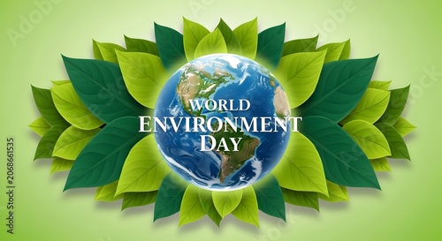 Environment day globe surrounded by layered green leaves