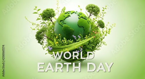Green globe surrounded by lush foliage and trees for earth day
