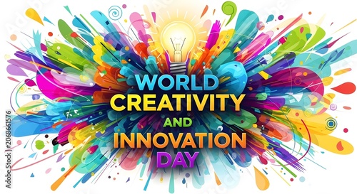 Creativity and innovation day text with glowing light bulb and colorful paint splashes