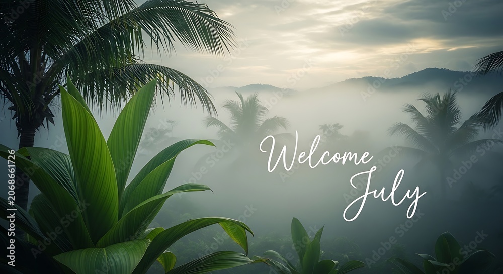 Obraz premium Tropical palm leaves with welcome July greeting in soft light.