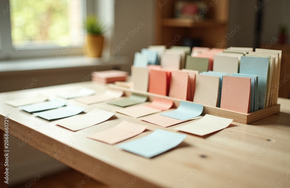 Naklejka premium Colorful note cards organized in wooden rack with pastel notes spread on table