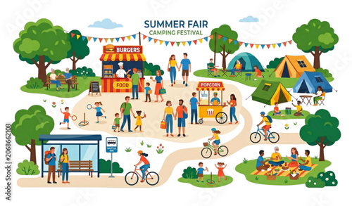 Outdoor Summer Fair and Nature Camping Festival Vector Scene with Food Market Family Activities and Park Landscape