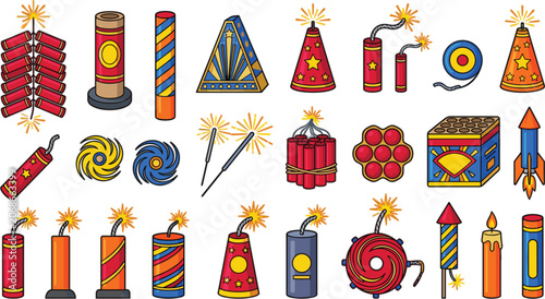 Photos Firecracker and firework vector icon set featuring rockets sparklers fountains a
