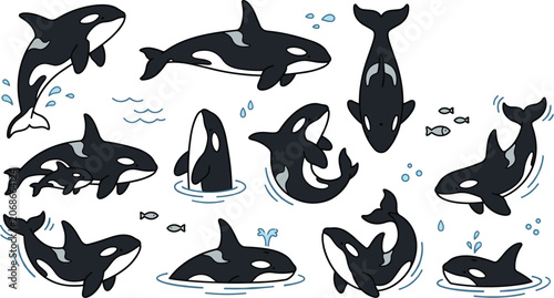 Photos Cute cartoon orca vector illustration set with killer whale characters swimming