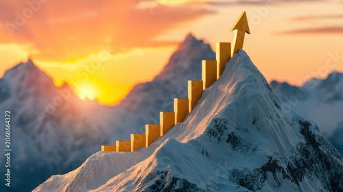 Golden business growth bar chart rising up the steep snowy peak of  mountain at sunrise