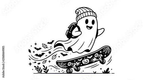 Photos Cute ghost character skateboarding with backpack and Halloween theme