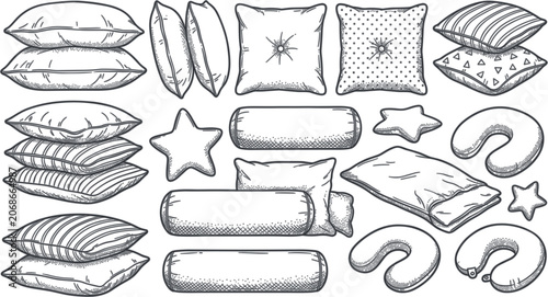 Bild auf Leinwand Hand drawn pillow vector set featuring vintage sketch cushions bolster pillows t