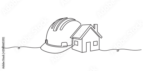 Bild auf Leinwand Illustration of construction builder hard hat helmet intersecting with a real estate house line, property development, hand drawn outline vector illustration