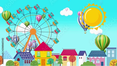Cheerful Cartoon Amusement Park with Ferris Wheel and Hot Air Balloons Kids Animation