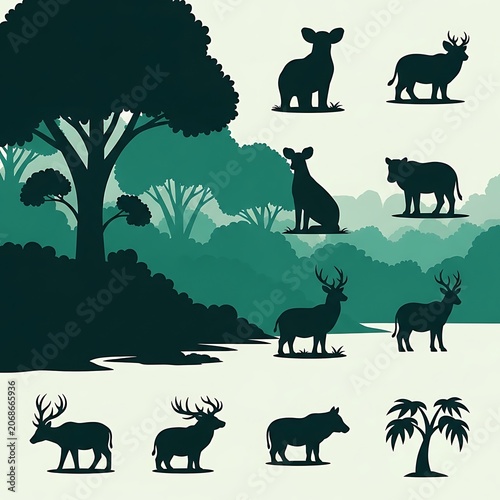 African savanna animals silhouette collection.