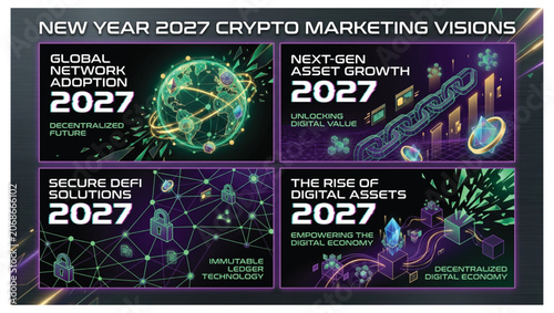 New year 2027 crypto marketing visions vector set for digital economy with marketing blockchain decentralized technology innovation investment business adoption abstract currency