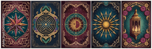 Five ornate tarot card backs, richly decorated. Deep burgundy, teal, and gold dominate the palette. Geometric patterns, sun symbols, and starburst designs