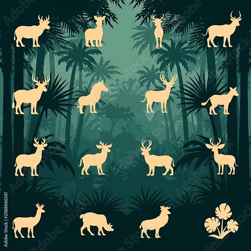 Tropical jungle scene with grazing deer and palm trees.