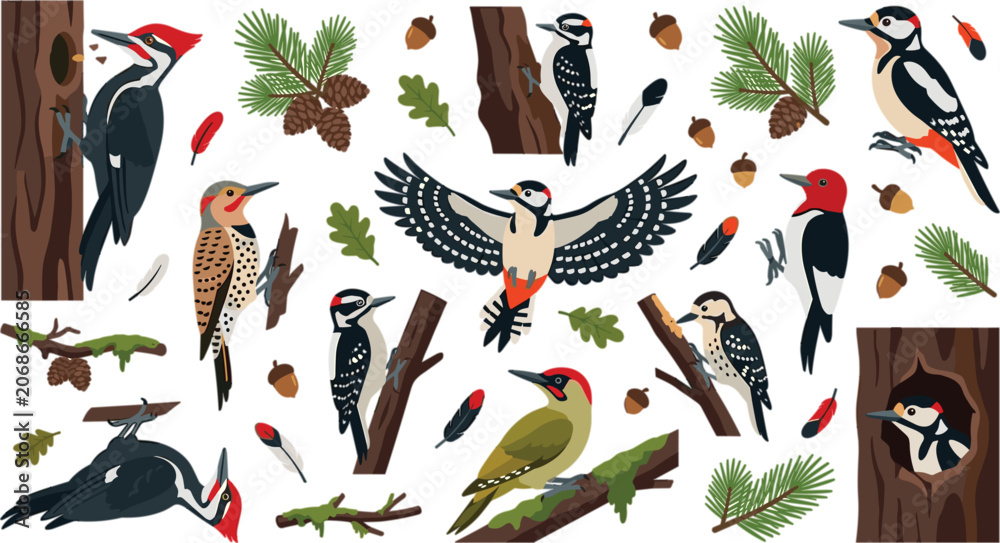 Fototapeta premium Woodpecker bird vector set featuring various species on tree trunks flying with open wings feathers and forest pinecones