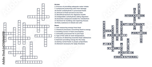 Crossword puzzle layout with clues and filled answers on paper  