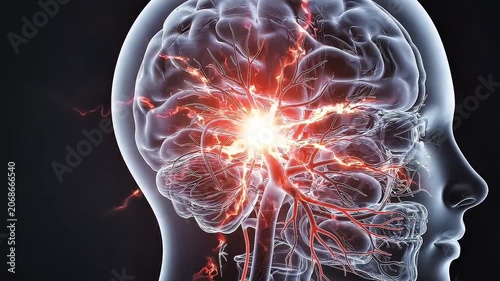3D medical render of human head showing glowing electrical brain pain
