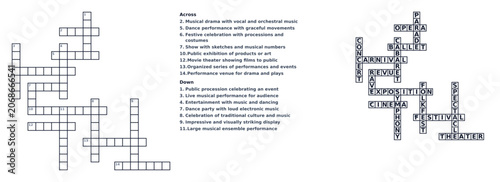 Crossword puzzle layout with clues and answers on white background  