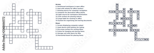 Crossword puzzle layout with clues and empty squares for filling  