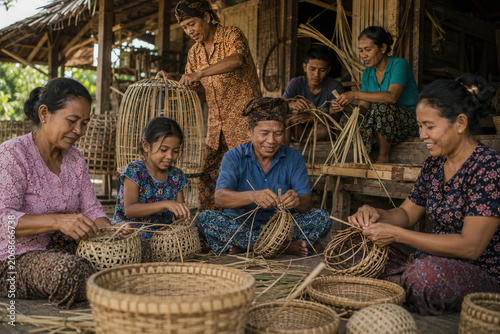 Women and children craft baskets under wooden shelter