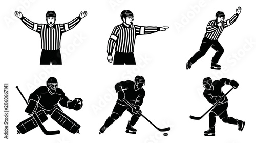 Canvas Print Ice Hockey Game Officials and Players Silhouettes - Action Poses