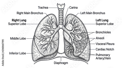 Obraz na plátně Anatomical illustration of the human lungs and trachea, showing lobes and bronchi