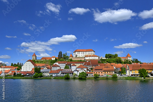 Drava River and panorama of the historic town of Ptuj, Slovenia