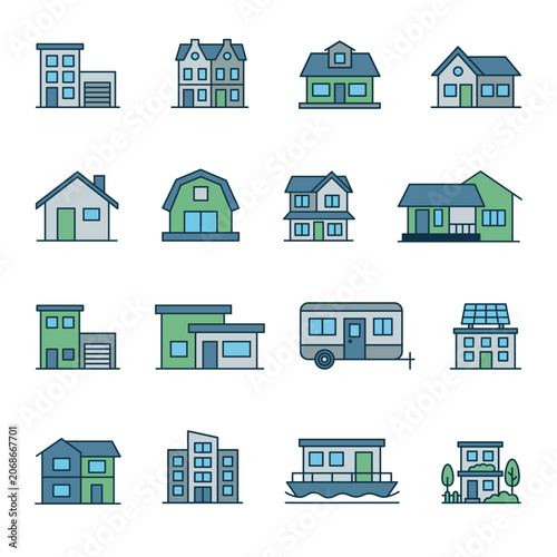 Comprehensive Vector Set of Residential Architecture Icons Featuring Diverse Property Types and Modern House Styles