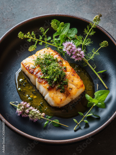 Roasted fish fillet with herbs and olive oil