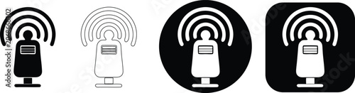 Set of four signal transmitter in black and white, featuring solid, outline, circular, and square variations